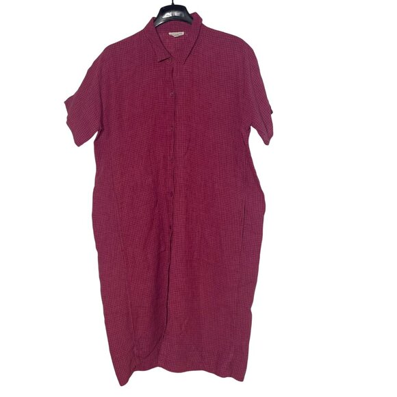 Eileen Fisher Linen Plaid Check Button Down Shirt Dress MED Oversized Minimalist - Picture 1 of 8